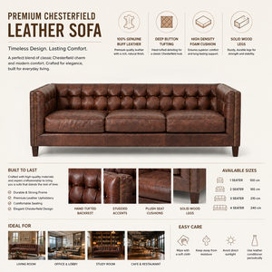 Canapé 3 places en cuir véritable de luxe, accoudoirs carrés, capitonné à la main, cuir marron, meubles de salon, design moderne - Product Image 3