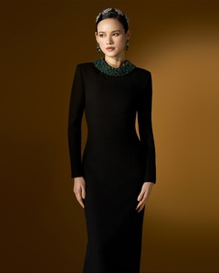 Elegant Black Polyester <b>Plus</b> <b>Size</b> Long Sleeve Floor Length Dress High Neck Beaded Traditional Chinese Women's Evening Party Wear - Product Image 3