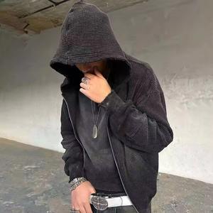 เสื้อฮู้ดผู้ชายแบบใหม่ ผ้าวาฟเฟิล ทอแบบพิเศษ ซักฟอกสไตล์วินเทจ พ่นสีแบบแอซิดวอช มีซิปและฮู้ด - Product Image 1