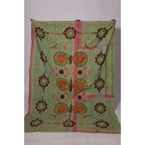 Vintage Cotton Kantha Suzani <b>Quilt</b> Handmade Floral Embroidered Eco-Friendly Washable Boho Bedspread Indian <b>Throw</b> Blanket - Product Image 1