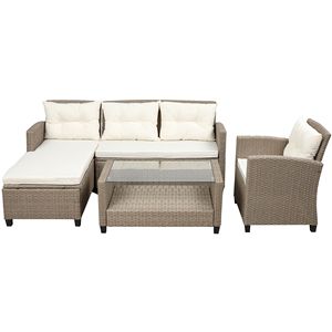 Set di Mobili da Esterno in Rattan Beige e Marrone, 4 Pezzi, Divano Componibile con Cuscini - Product Image 4