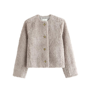 Veste courte en polaire pour femme, col rond, manches longues, fermeture à boutons, manteau chaud d'hiver, couleur unie, vêtement d'extérieur en polaire - Product Image 1
