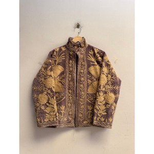 Indian <b>Women</b> Suzani Velvet Quilted Mandarin Collar Floral Hand Embroidered <b>Coat</b> with Nylon Lining Winter Jacket - Product Image 4