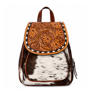 Western Hair-On Cowhide Leather Mini <b>Backpack</b> Hand <b>Tooled</b> Floral Genuine Leather for Travel Daypack Fashion <b>Backpack</b> for Women - Product Image 1