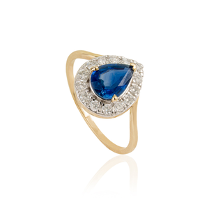 Bague de fiançailles et de mariage en or jaune massif 14 carats de qualité supérieure, saphir bleu et halo de diamants, meilleur prix, fabricant de bijoux - Product Image 3