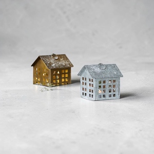 Metal House-Shaped Lanterns With Cutout Windows Vintage Christmas Decor Handicraft Holiday Lights - Product Image 1