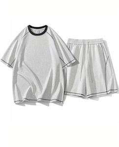 Men Solid Gray Cotton Crew Neck T-Shirt Set Breathable Knit Shorts Summer Casual Outfit 180g Plain Dyed - Product Image 1
