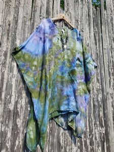 Stylish Handmade Tie Dye <b>Kaftan</b> Dress V-neck Long-Sleeve Casual <b>Summer</b> Collection Straight Silhouette Ankle-Length Tassel Beach - Product Image 2