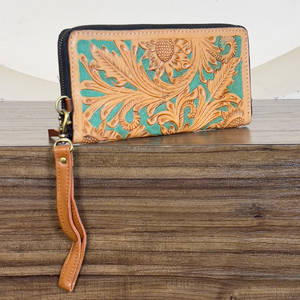 Cartera de Cuero Genuino con Diseño de Girasol y Turquesa, Hecha a Mano, con Cierre, Multiusos, para Damas, Tarjetero - Product Image 3