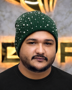 Green Rhinestone Beanie <b>Hat</b> Hand Knitted Acrylic <b>Winter</b> Cap for <b>Men</b> Casual Style Solid Color Adult 56-58CM - Product Image 1