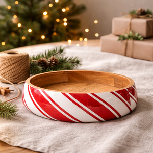 Tazón redondo de madera de mango tallado a mano, ecológico, con impresión personalizada en rojo brillante natural y esmalte, para servir ensalada, dulces, para el hogar y la cocina. - Product Image 4