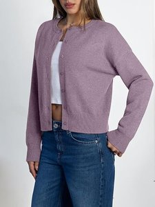 Cárdigan de punto corto morado para mujer, suéter informal con botones y cuello redondo de manga larga - Product Image 2