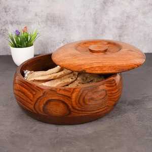 Natural Solid Wood Casserole Insulated Hot <b>Pot</b> Stainless Steel Liner Side Handles <b>Lid</b> Chapati Roti Warmer Serving Container - Product Image 6