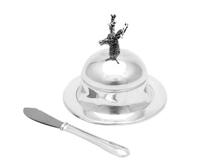 Luxury Silver Finished Butter Dish With Deer Face Handle Used For Serving Butter On Dining Table In A Stylish Way From India - Product Image 1