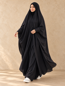 Abaya élégante noire en mousseline de soie pour femmes musulmanes avec manches ajustées et boucles pour les doigts, tenue islamique modeste pour le Hajj, l'Omra et la prière, robe longue - Product Image 5