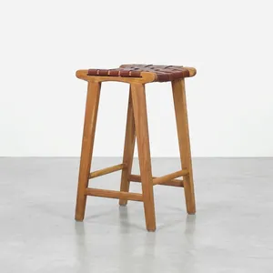 Outdoor Solid Teak <b>Bar</b> Stool with Genuine Leather Rectangle Modern Durable Water Resistant <b>Bar</b> Set for Home - Product Image 1