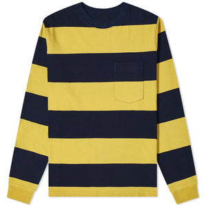 Camiseta de manga larga a rayas para hombre, cuello redondo, corte regular, tejido de algodón, estilo casual, color amarillo azul marino, camiseta para hombre - Product Image 4