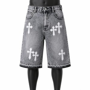 Shorts Vaqueros Cruzados con Pedrería para Hombre, 100% Algodón, Estilo Vintage, Bermuda para Uso Casual de Verano - Product Image 1
