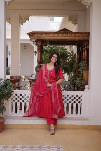 Ready Made Women's 3-Piece Silk Salwar Kameez Set Anarkali Kurta <b>Pant</b> Long Dress Traditional Diwali Vibrant Floral Prints - Product Image 2