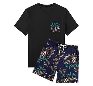 Breathable casual outfit <b>Knitted</b> solid color <b>set</b> Summer comfort wear Crew neck t-shirt shorts Comfortable men's <b>set</b> - Product Image 3