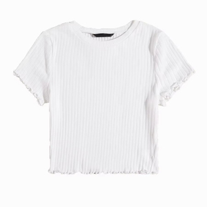 T-shirt côtelé moulant à manches courtes et col rond pour femme, couleur unie, tricoté, décontracté, respirant, avec logo imprimé, printemps-été - Product Image 2
