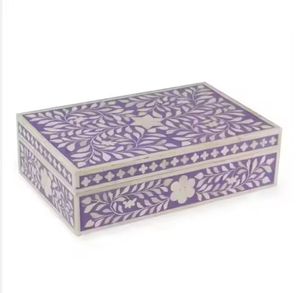 Exotic Purple Bone Inlay Jewelry <b>Box</b> Floral Pattern Mother of Pearl Inlaid <b>Storage</b> Case Vibrant Artisan Keepsake Chest Organizer - Product Image 1