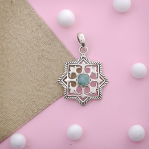 Artistic Amazonite Gemstone Pendant 925 Sterling Silver Gold Trendy <b>Mosaic</b> Handmade Jewelry Necklace Manufacturer Wholesale - Product Image 1