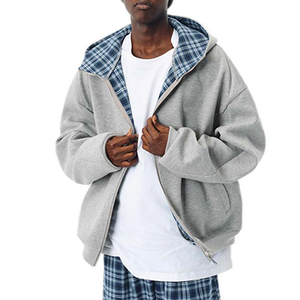 Fabricants de sweats à capuche réversibles à double fermeture éclair, style streetwear, à carreaux, coupe ample et courte pour hommes - Product Image 6