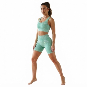 Women Mint <b>Green</b> Acid Wash Yoga <b>Set</b> Sports Bra High Waist Biker Shorts <b>Gym</b> Fitness Workout Activewear - Product Image 4