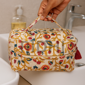 Indian Block Printed Eco-Friendly Large Sangria Red Cotton <b>Quilted</b> Travel for <b>Bag</b> Reusable Handmade Custom <b>Makeup</b> Organizer - Product Image 3