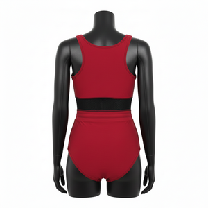 Traje de baño para mujer, 230 GSM, poliéster premium, spandex elástico, rojo cereza, negro, panel de malla, logotipo bordado con parche, traje de baño para mujer - Product Image 2
