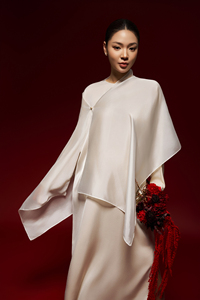 Chemisier en organza de soie tissé à col rond, manches longues, taille ample, rayures minimalistes, boutons, fente latérale, pour cocktail formel, été, quotidien, respirant - Product Image 4