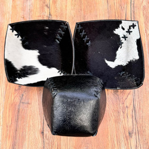 Western Black & White Hair On Cowhide Leather 3 Tray Sets Premium Black Relieve Leather Bowl Lujoso Valet Tray Regalos de boda - Product Image 3