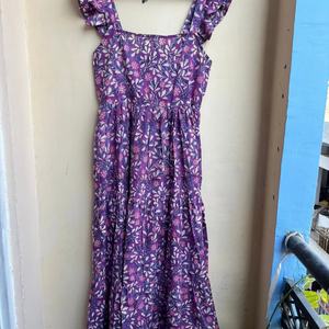 Vestido Maxi Bohemio Morado con Estampado Floral, Manga Corta, Algodón Bordado, Cuello Cuadrado Vintage, Estampado a Mano, para Verano - Product Image 1