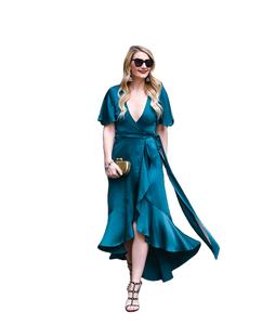 Modest and Luxury Satin Dresses for Women V-Neck Short Sleeve Ruffle Designer Beach <b>Wrap</b> Dress - Product Image 1