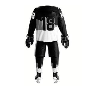 Uniforme de hockey sur glace pour hommes, maillot sublimé, pantalon, manches longues, blanc, noir, rayé, polyester respirant, adulte, toutes saisons - Product Image 3