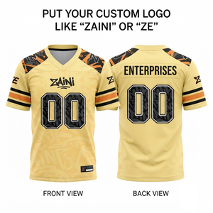 เสื้อฟุตบอลอเมริกันชาย ผ้าโพลีเอสเตอร์ตาข่ายพรีเมียม 180 GSM สีเหลือง ดำ ส้ม ดีไซน์แผงสี  โลโก้และหมายเลขแบบซับลิเมชั่นสั่งทำได้ - Product Image 1