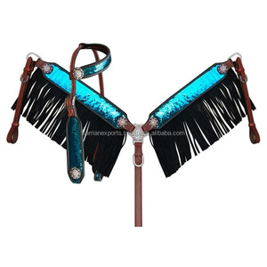 Ensemble de têtière et de collier de poitrine à une oreille en cuir de vache 100% fait à la main avec frange produits pour chevaux en gros du fabricant - Product Image 3