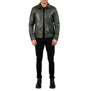 Veste de moto en cuir PU vert foncé pour homme, col rabattable, fermeture éclair, coupe-vent - Product Image 1