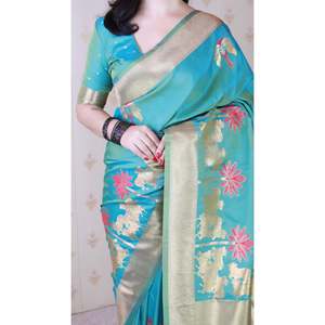 Sari de Seda Suave Azul Aqua Elite Weaves con Tejido Kamdhenu y Zari, Vestido de Fiesta de 650g - Product Image 3