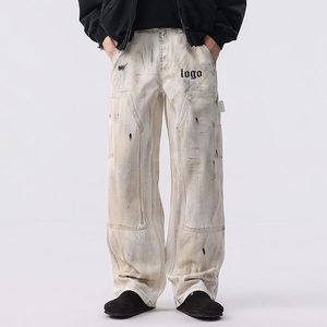 Pantalones Cargo de Estilo Urbano para Hombre, de Mezclilla Lavada y Desgastada, Corte Holgado con Logotipo Estampado, Cintura Media, Estilo Otoñal - Product Image 1