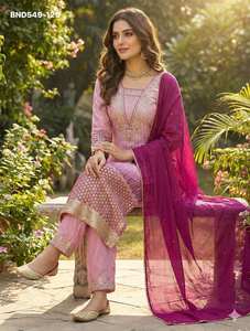 Fabricant indien de costumes Salwaar en tissu Chinon imprimé de qualité export, avec broderies de sequins, de la marque Evergreen Design. - Product Image 6