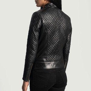 Chaqueta de Motociclista de Cuero Genuino Negro con Diseño Acolchado, Cuello Alto, Cierre de Cremallera, Corte Regular, para Otoño - Product Image 4