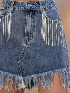 Summer Women's Mini A-line Bodycon Denim <b>Skirt</b> With Rhinestones Tassel Frayed Hem <b>Sexy</b> Lady Skinny <b>Short</b> <b>Skirts</b> - Product Image 4