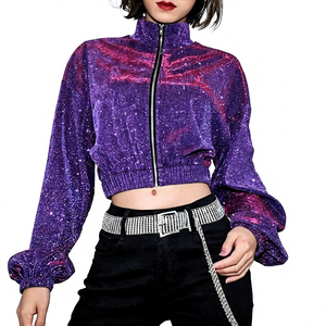 Wholesale <b>Womens</b> Holographic <b>Sparkly</b> Glitter Cropped Bomber <b>Jacket</b> Shiny Sequin Metallic Zip Polyester/Nylon Party Rave Wear - Product Image 3