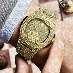 Charm_Jewells Men's Luxury Stainless Steel Watch 42mm Rectangle Case Diamond Encrusted Analog Quartz <b>Chronograph</b> Folding Clasp - Product Image 2