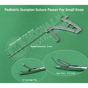 เครื่องมือผ่าตัดหู คอ จมูก ยี่ห้อ Moona รุ่น Scorpion Suture Passer สำหรับเด็ก ความยาว 15 ซม. ปลอกขนาด 3 มม. ปากขนาด 3.5 มม. ปลายงอ 15 องศา สำหรับข้อเข่าขนาดเล็ก - Product Image 1