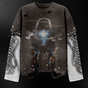 เสื้อยืดโอเวอร์ไซส์สีดำสำหรับผู้ชายลายกราฟิกทางศาสนา คอเสื้อและชายเสื้อแบบดิสเทรส สไตล์สตรีทแฟชั่น - Product Image 4