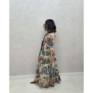 Robe longue bohème pour femme, imprimée patchwork, à manches longues, col en V, avec franges, ample, à volants, style décontracté vintage bohème - Product Image 3