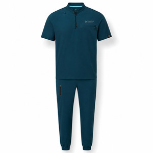 Ensemble de blouses médicales pour hommes DRAVELLE, bleu foncé, polyester tricoté, uniforme d'hôpital avec poches - Product Image 1